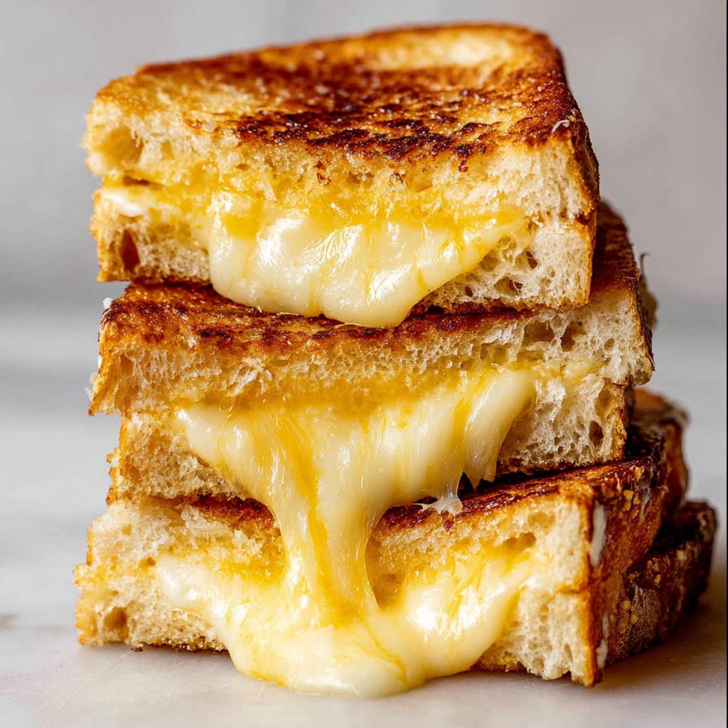 A stack of three perfectly golden-brown grilled cheese sandwiches with melted cheese oozing out.