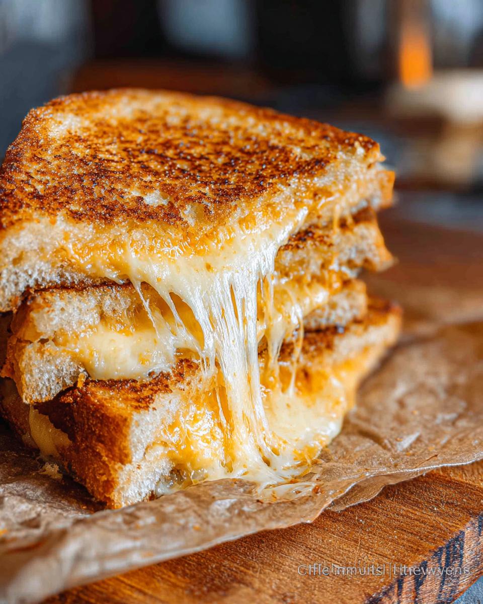 Close-up of a stack of grilled cheese sandwiches with melted cheese stretching out.
