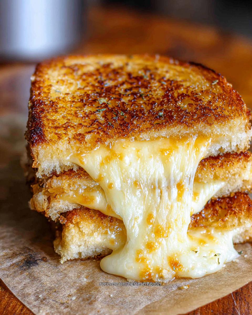 A stack of three perfectly golden-brown grilled cheese sandwiches with melted cheese oozing out.
