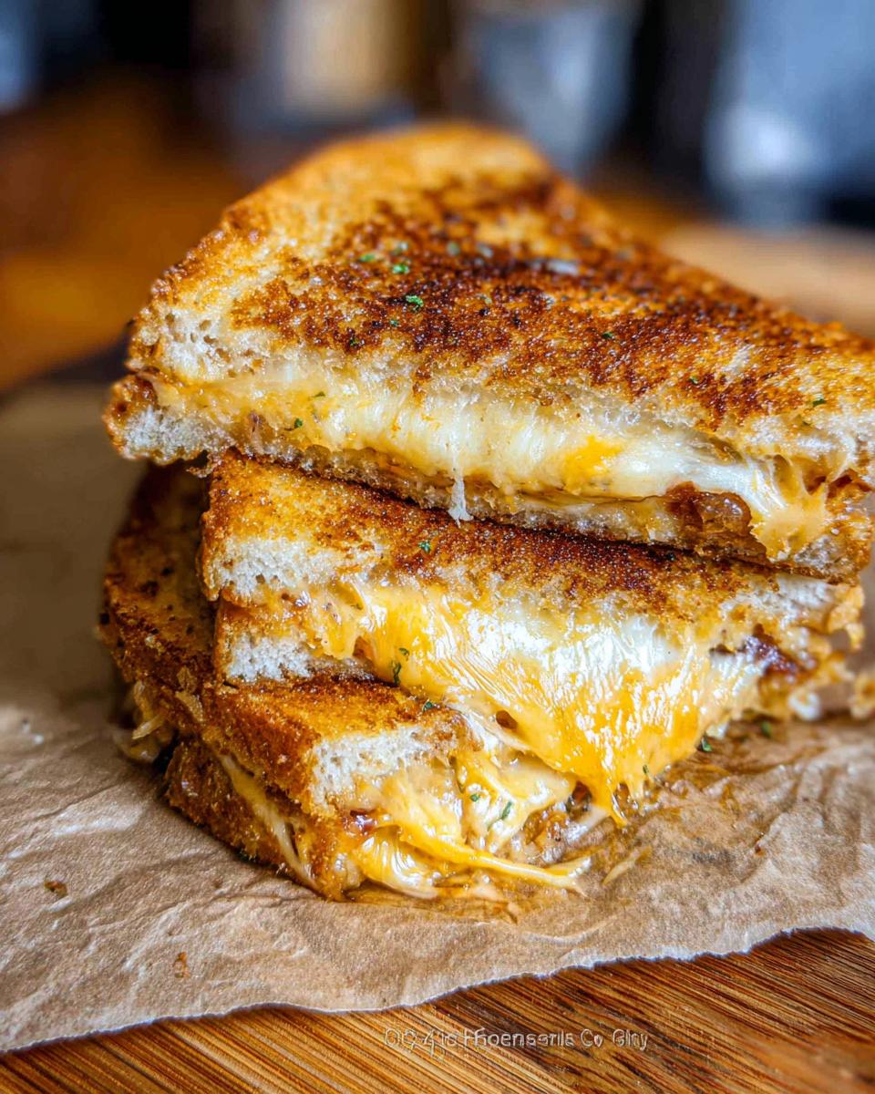A stack of two perfectly golden brown grilled cheese sandwiches, oozing with melted cheese.