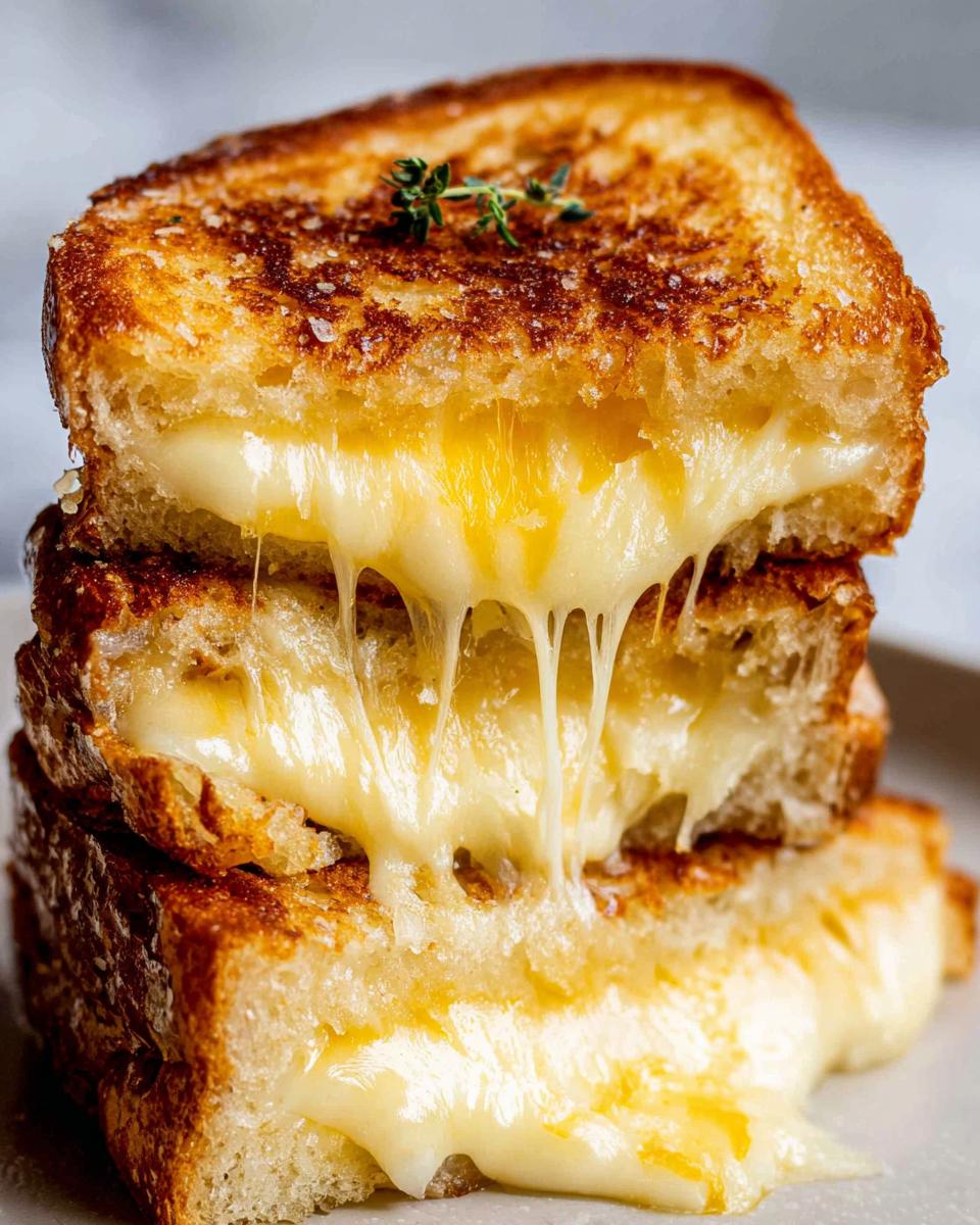 A stack of three perfectly grilled cheese sandwiches with melted cheese oozing out, a sprig of thyme on top.