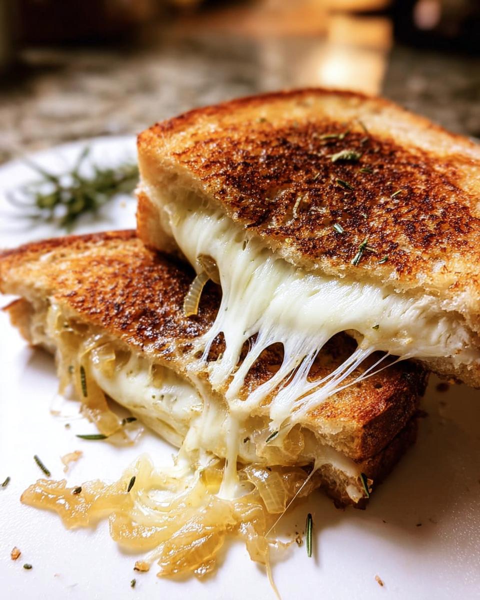 Close-up of a perfectly grilled cheese sandwich with melted cheese stretching out, featuring caramelized onions and herbs.