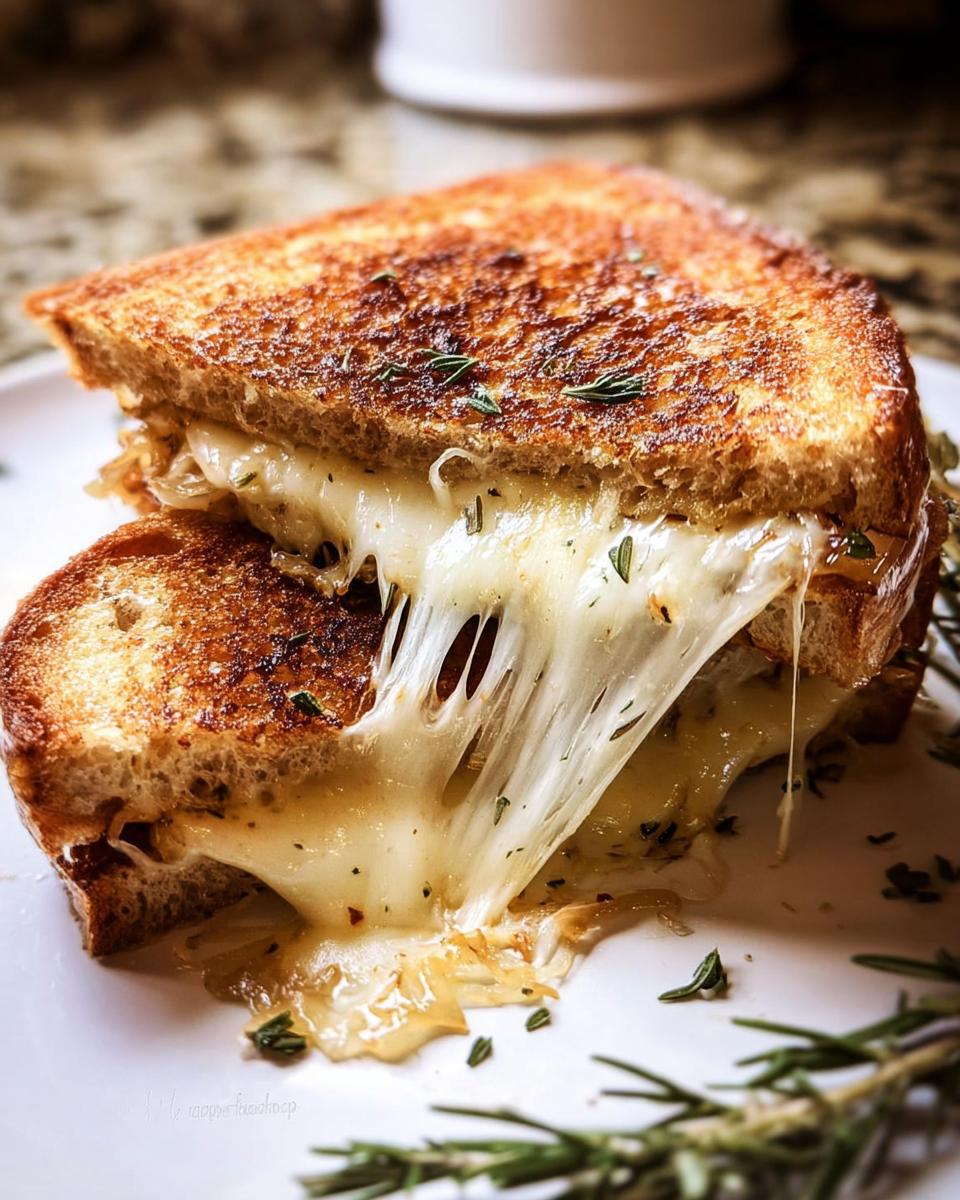 A perfectly grilled cheese sandwich with melted cheese oozing out, garnished with herbs.