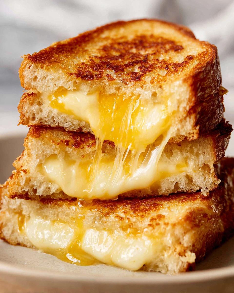 A stack of three perfectly grilled cheese sandwiches with melted cheese oozing out.