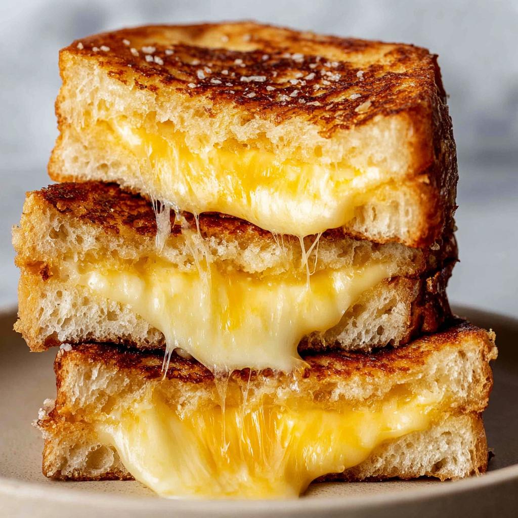 A stack of three gooey, cheese-filled grilled cheese sandwiches, with cheese dripping down.