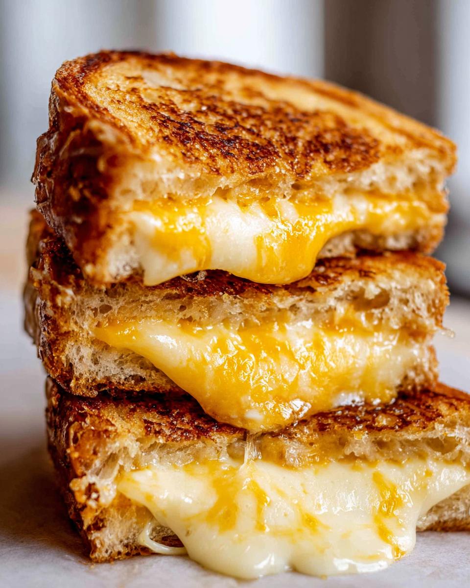 A stack of three perfectly grilled cheese sandwiches, oozing with melted cheddar cheese.