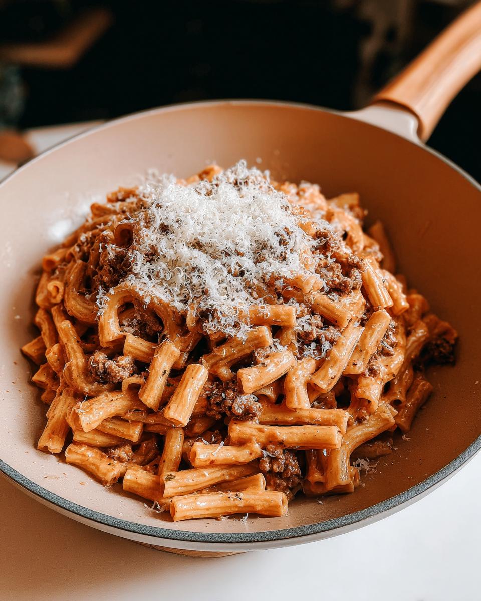 A close-up of rigatoni pasta with a rich meat sauce and grated parmesan cheese, served in a pan.