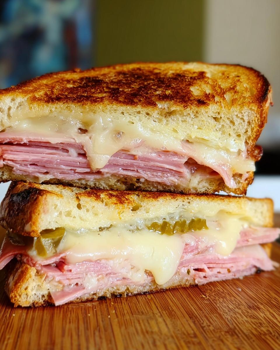 Close-up of a stacked ham and cheese sandwich with melted cheese and pickles, a perfect sandwich idea recipe.