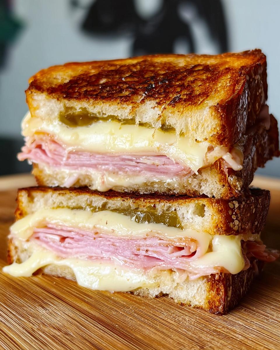 A delicious ham and cheese sandwich with melted cheese and pickles, perfect for sandwich ideas recipes.