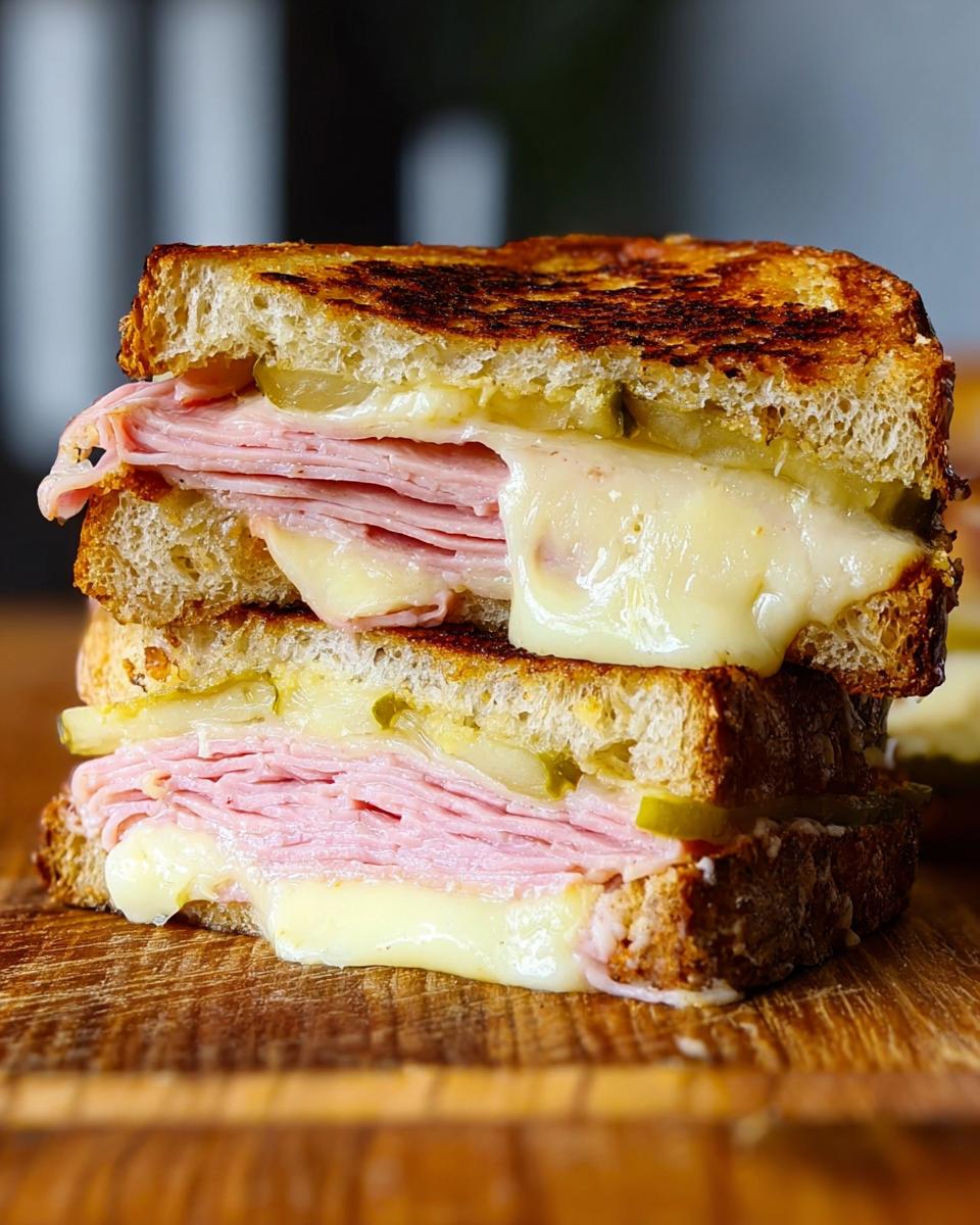 Close-up of a stacked ham and cheese sandwich with melted cheese and pickles, perfect for sandwich ideas recipes.