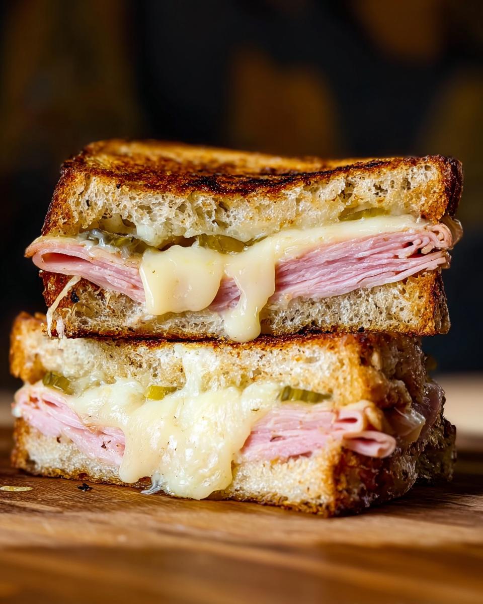 Close-up of a stacked ham and cheese sandwich with pickles and melted cheese dripping.