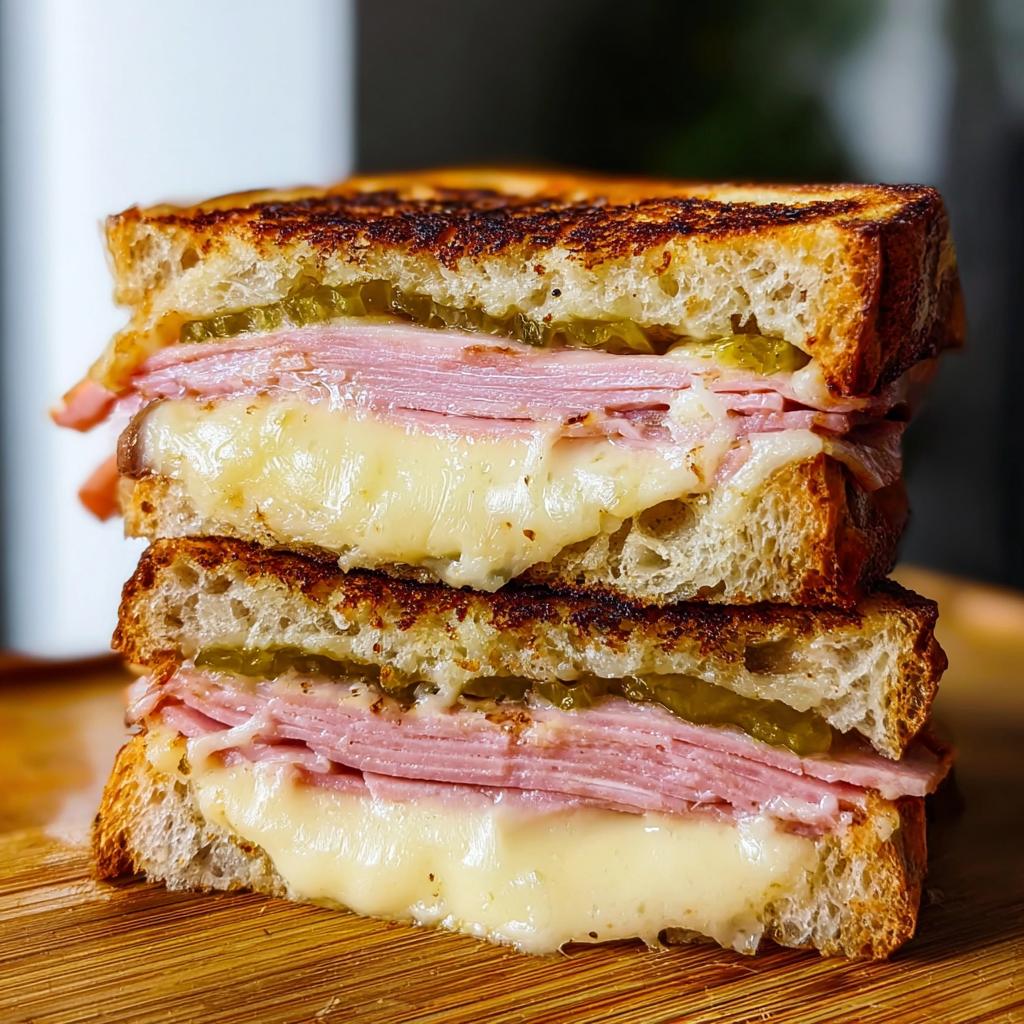 Close-up of a stacked ham and cheese sandwich with melted cheese oozing out, part of sandwich ideas recipes.