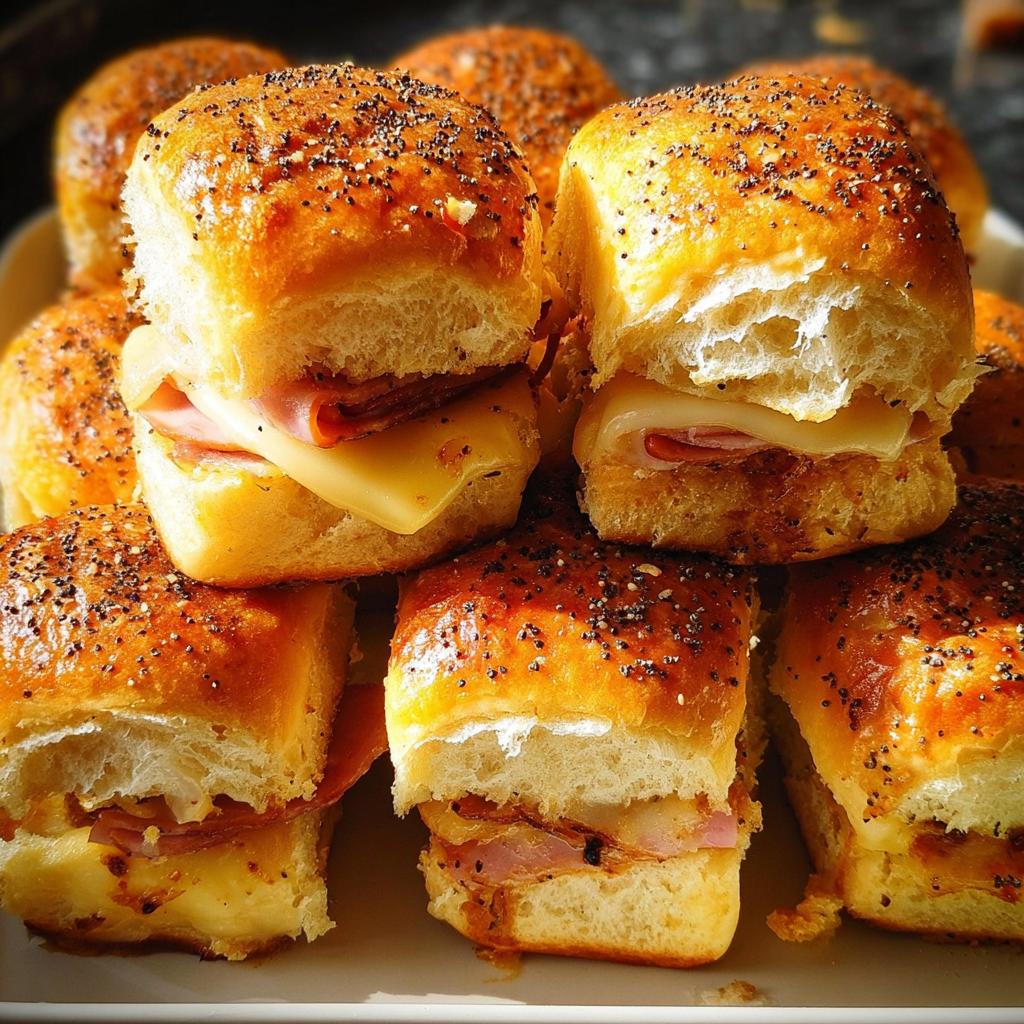 A close-up of a stack of golden-brown ham and cheese sliders, topped with poppy seeds.