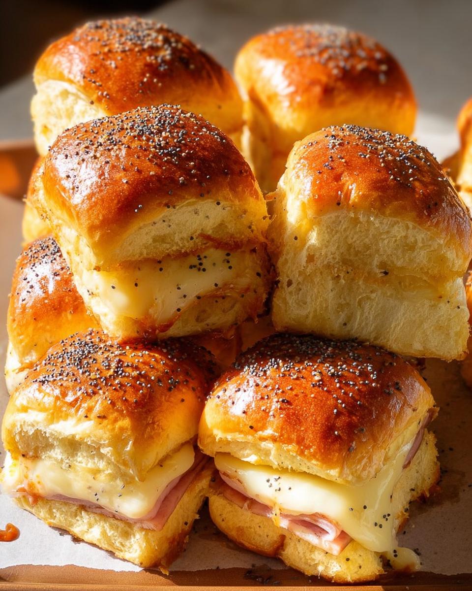 Close-up of ham and cheese sliders with poppy seeds on top, perfect for busy weeknights.