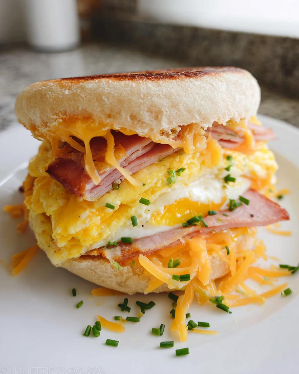 A delicious breakfast sandwich with ham, scrambled eggs, melted cheese, and chives on an English muffin.