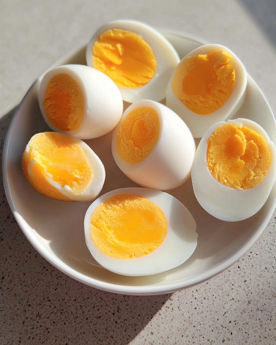 A white plate filled with perfectly cooked hard-boiled eggs, some whole and some halved, showcasing their vibrant yellow yolks. Ideal for healthy meals recipes and meal prep.