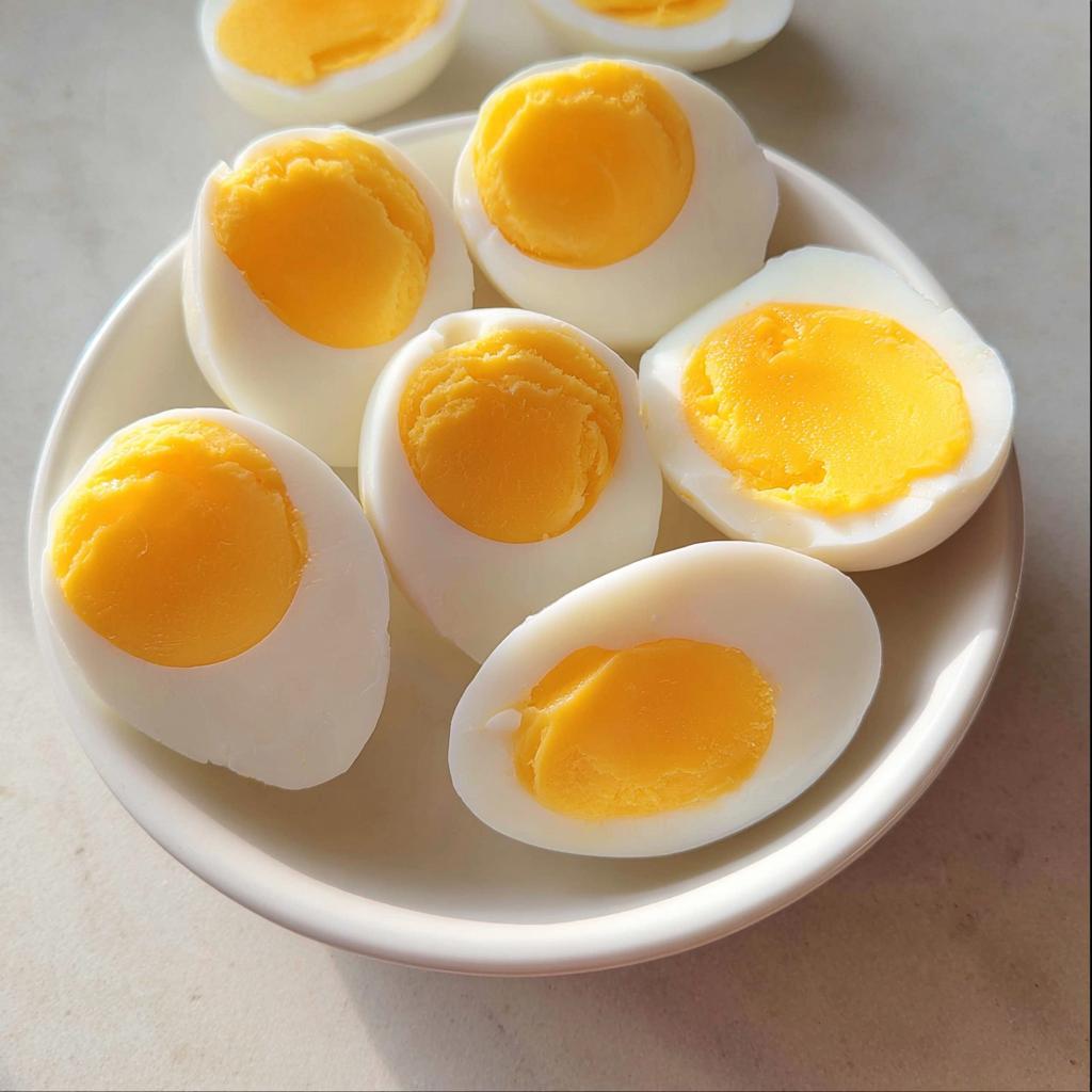 A white plate filled with perfectly cooked hard-boiled eggs, halved to reveal bright yellow yolks, ideal for healthy meals recipes.