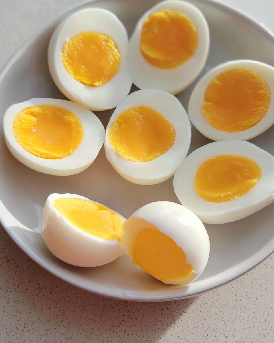 A plate of perfectly cooked hard-boiled eggs, halved to reveal bright yellow yolks, ideal for healthy meals recipes meal prep.