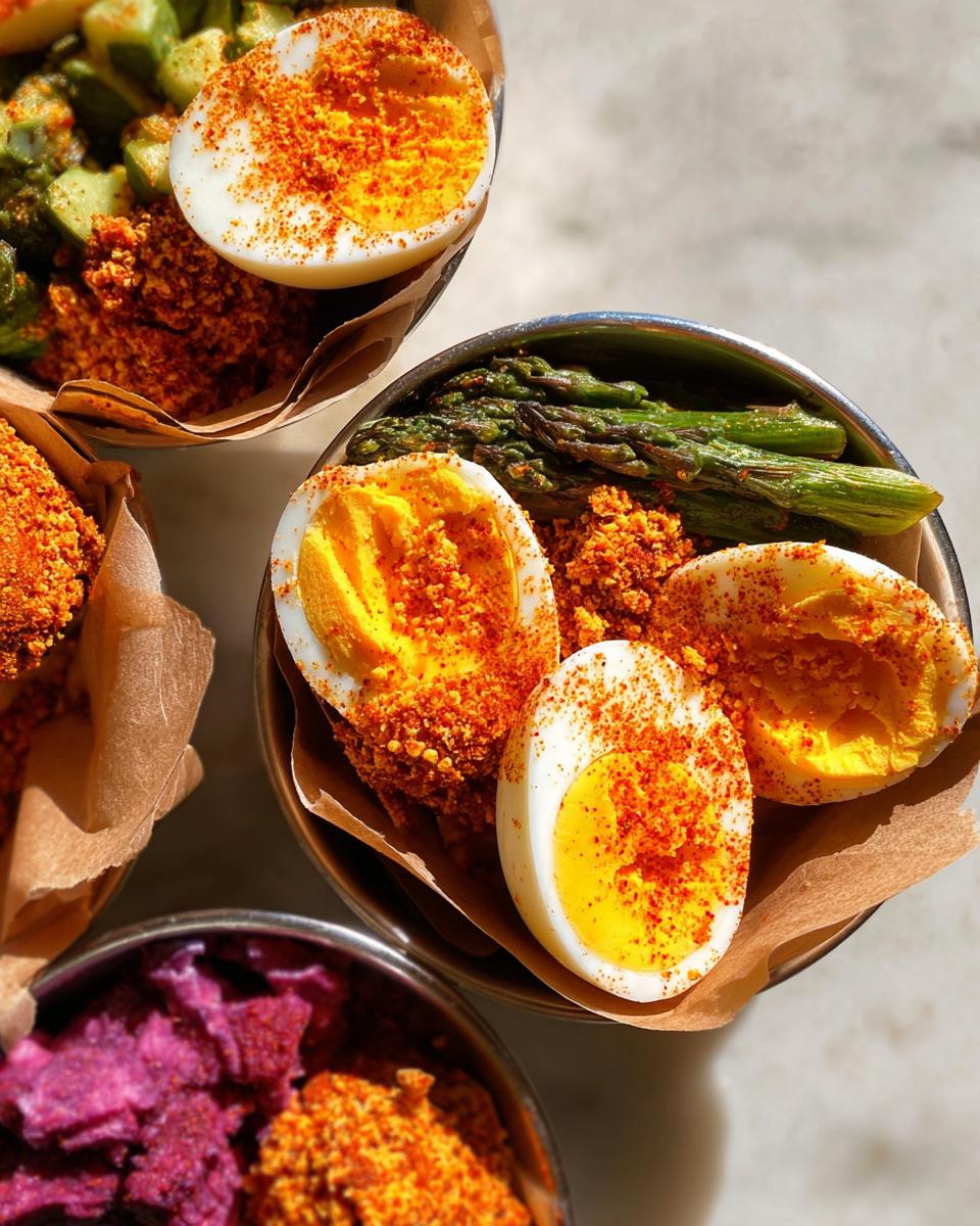 Close-up of halved hard-boiled eggs sprinkled with paprika, served in bowls with asparagus and other toppings. Part of The Ultimate Egg Recipes Guide for Beginners.