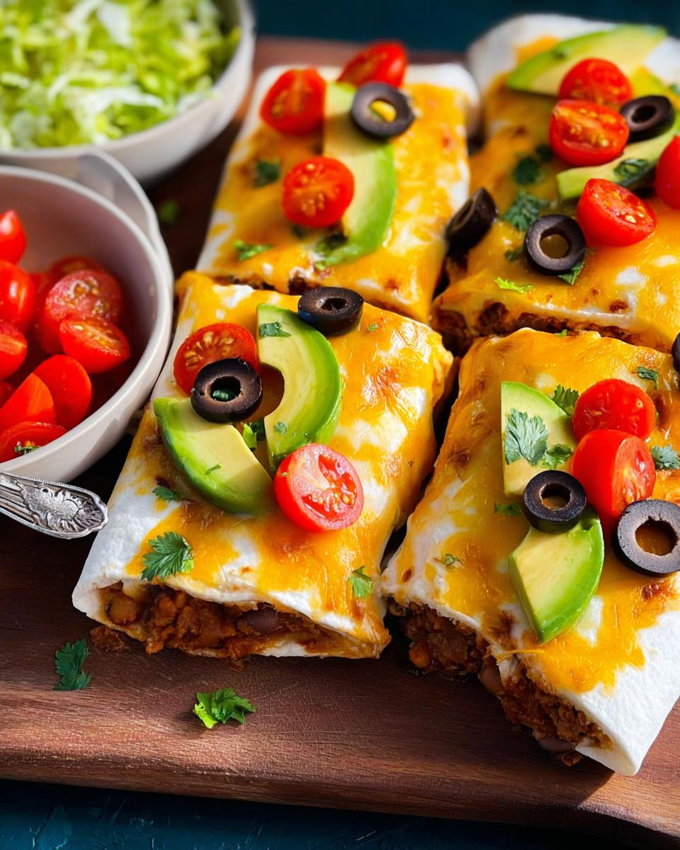 Close-up of healthy burritos topped with melted cheese, avocado slices, cherry tomatoes, and black olives.