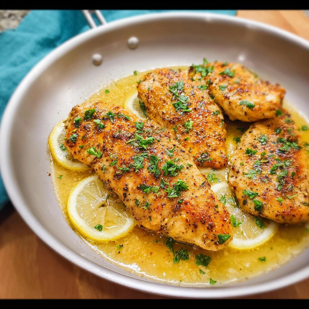 Pan-seared chicken breasts with lemon slices and fresh parsley, a healthy meal idea for busy weeknights.