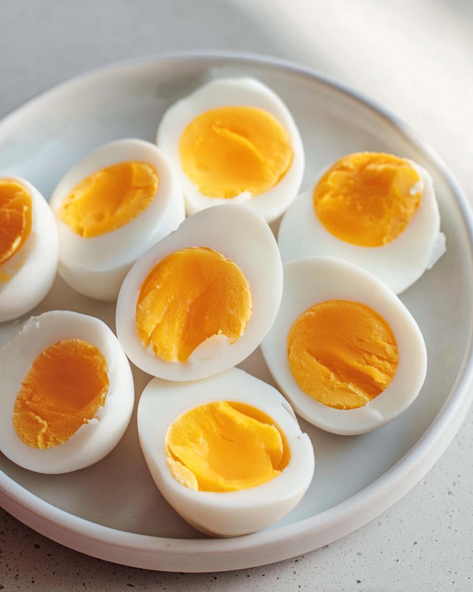 A plate of perfectly boiled eggs, halved to reveal bright yellow yolks, ideal for healthy meals recipes and meal prep.