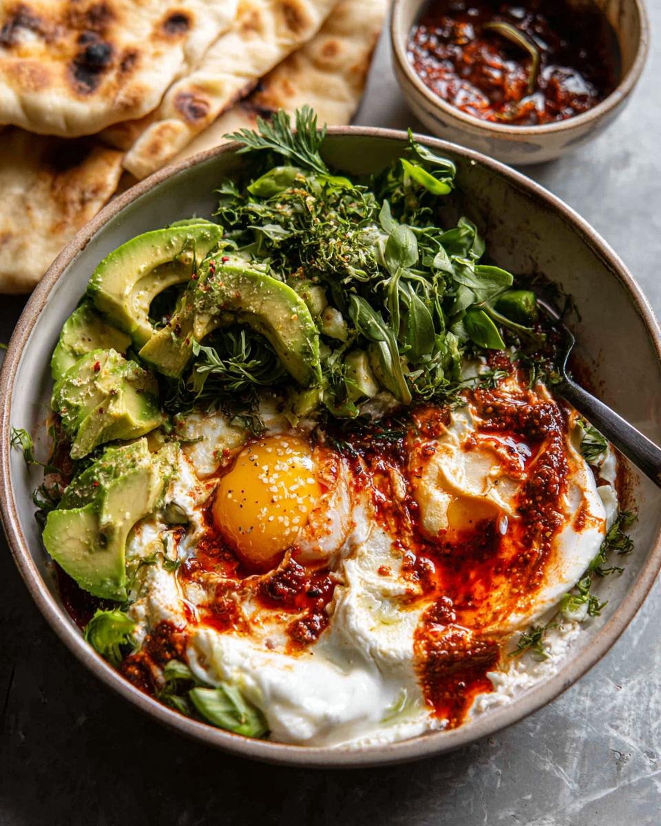 A healthy meal recipe featuring a bowl of fried eggs, sliced avocado, fresh greens, and a side of chili sauce with flatbread.
