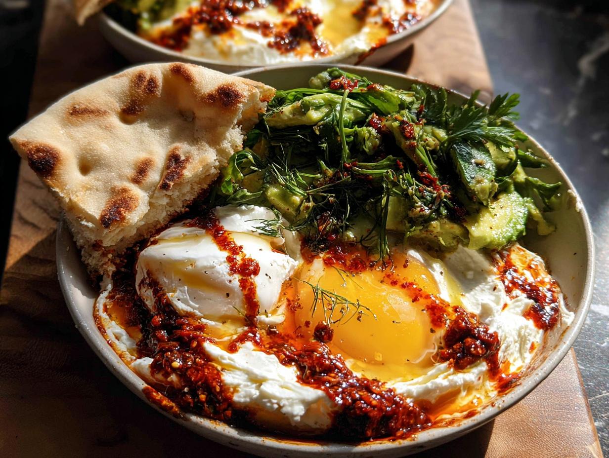 A healthy meal featuring poached eggs, creamy yogurt, avocado salad, and pita bread, part of our healthy meals recipes.