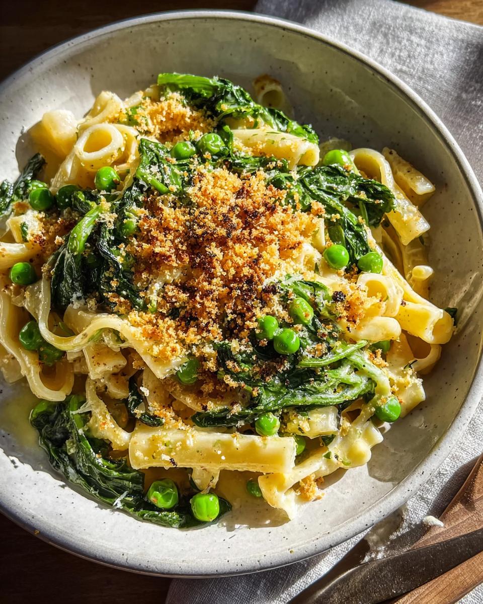 A bowl of healthy pasta with peas, spinach, and toasted breadcrumbs, perfect for quick weeknight meals.