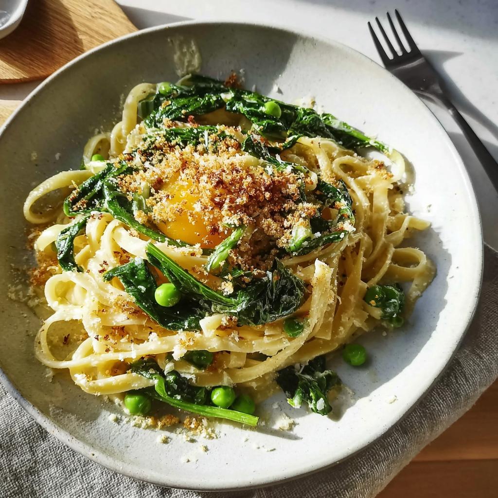 A healthy pasta dish with spinach, peas, and a runny egg yolk, perfect for quick weeknight meals.