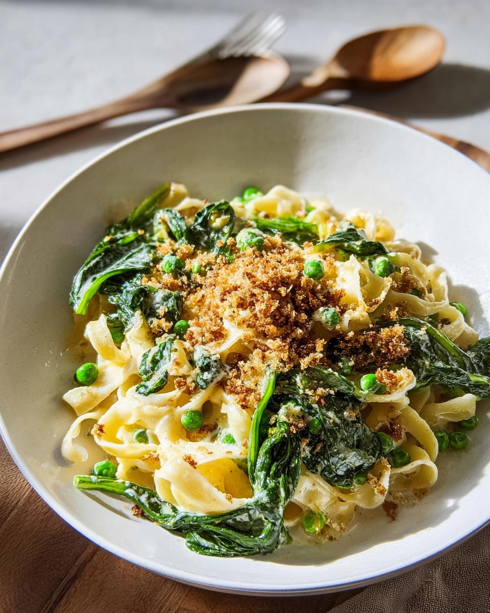 A bowl of creamy pasta with wilted spinach, bright green peas, and a sprinkle of breadcrumbs. A quick and healthy meal.