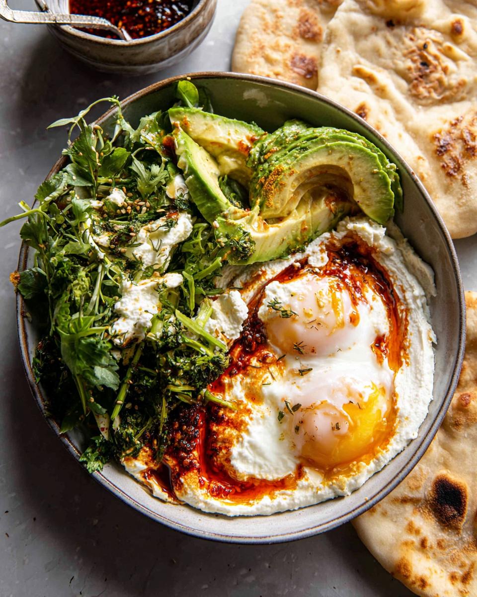A healthy meal recipe featuring eggs, avocado slices, greens, and feta cheese in a bowl, served with flatbread.