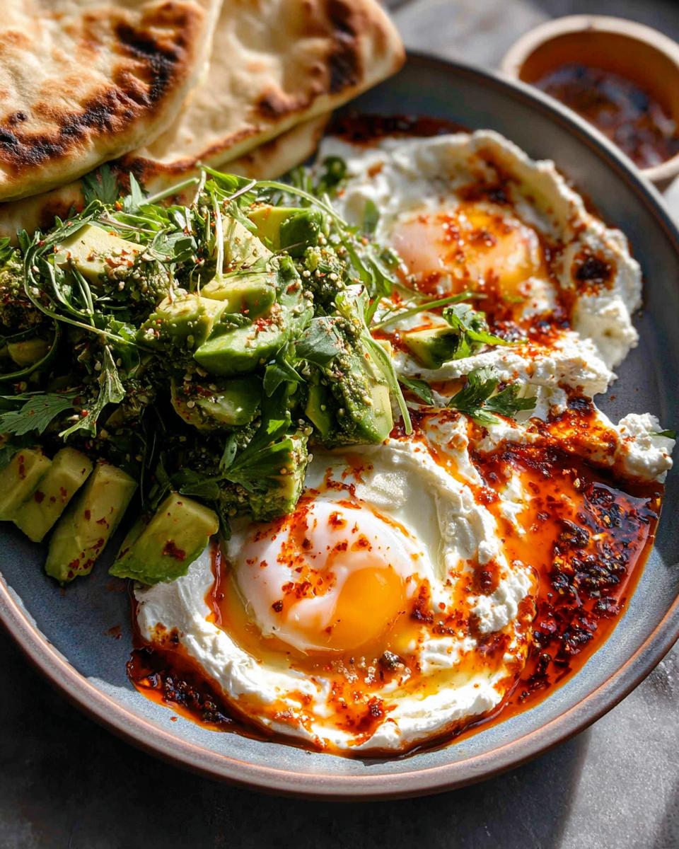 Close-up of a healthy breakfast featuring fried eggs, creamy cheese, avocado salad, and grilled naan bread, part of a healthy meals recipe.