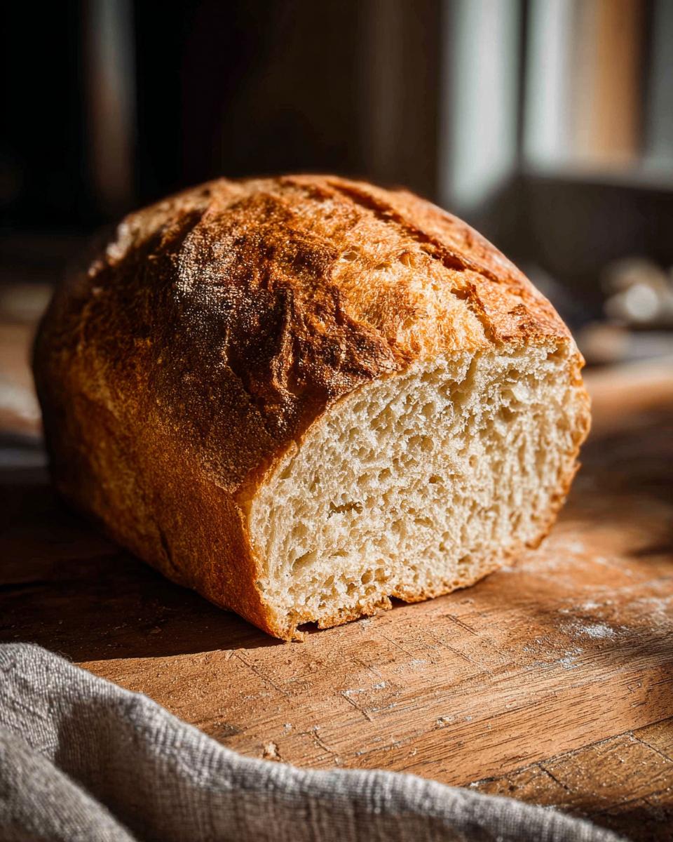 A loaf of freshly baked bread, cut in half, showcasing its airy crumb and golden crust. Part of healthy meals recipes.