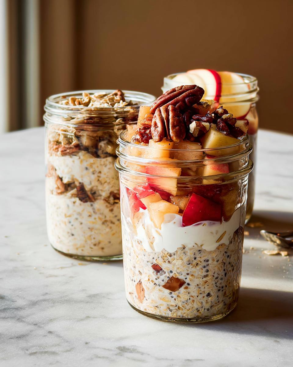 Three jars filled with healthy meals recipes: overnight oats with fruit, nuts, and yogurt.