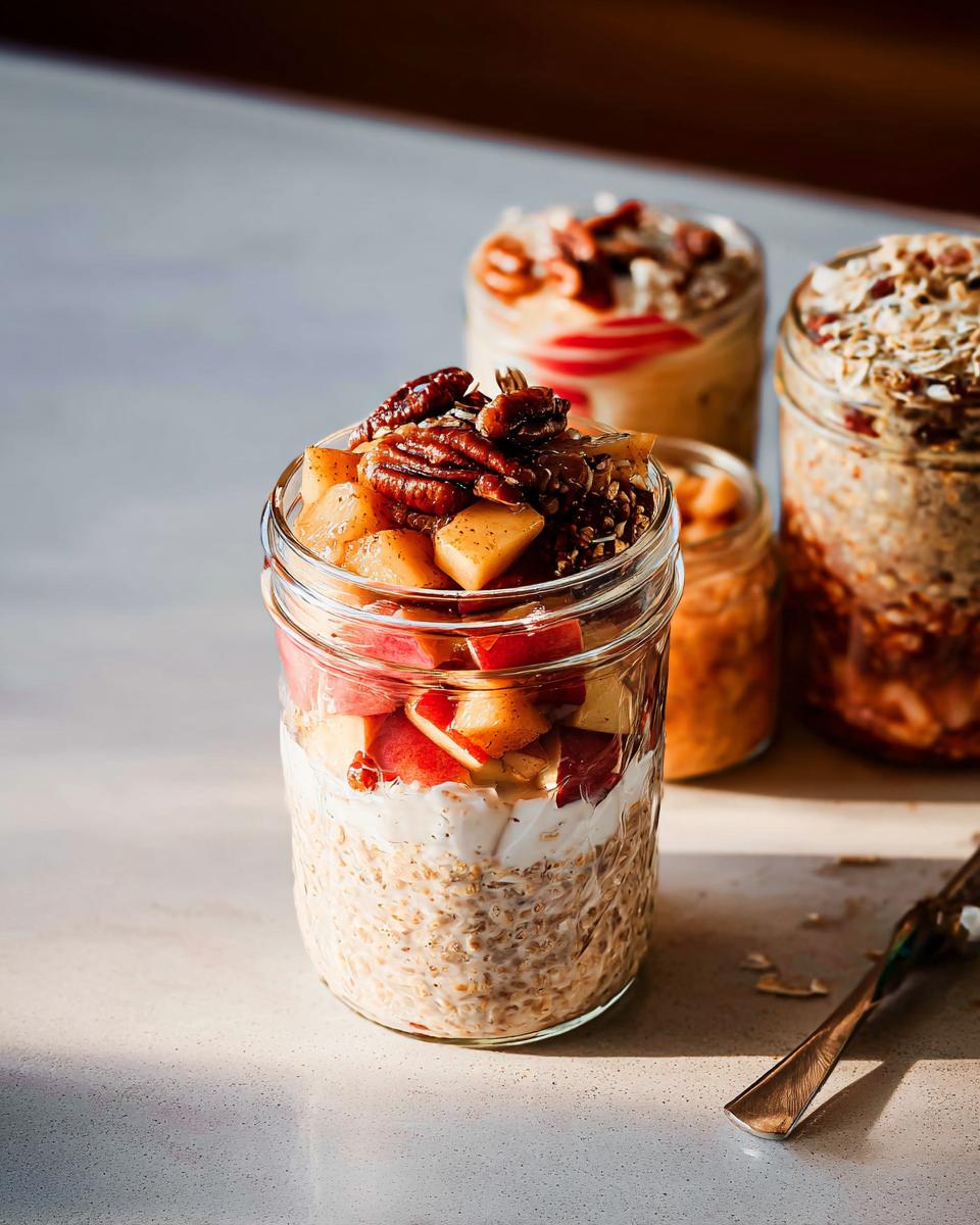 Overnight oats in a jar, layered with yogurt, diced apples, and pecans, showcasing healthy meals recipes.