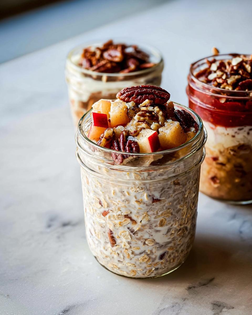 Three jars of overnight oats, one in the foreground topped with apples, pecans, and walnuts. Healthy Meals Recipes.