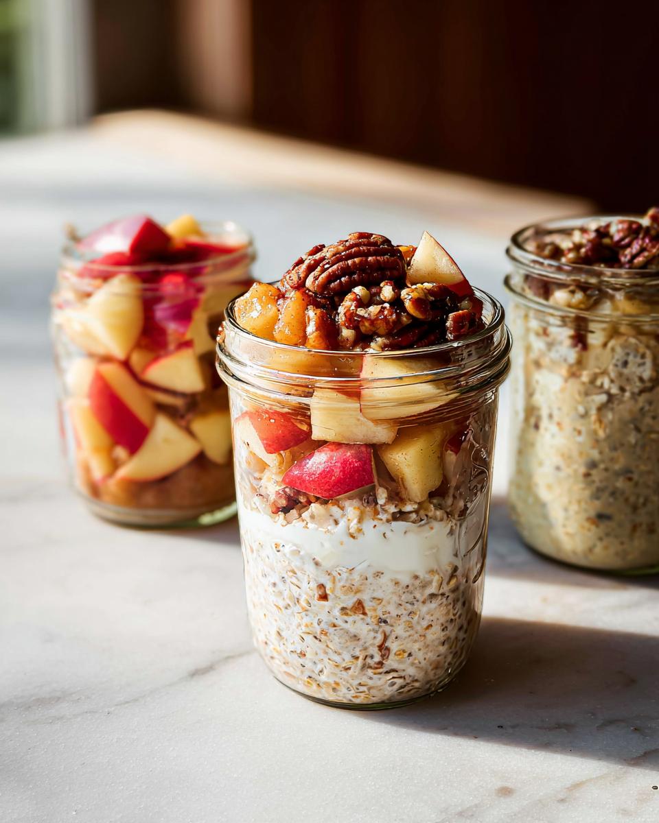 Three jars filled with overnight oats, topped with yogurt, apples, and pecans, showcasing healthy meals recipes.