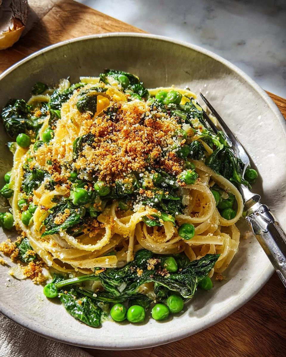 A bowl of pasta with peas, spinach, and breadcrumbs, perfect for healthy meals recipes in 20 minutes.