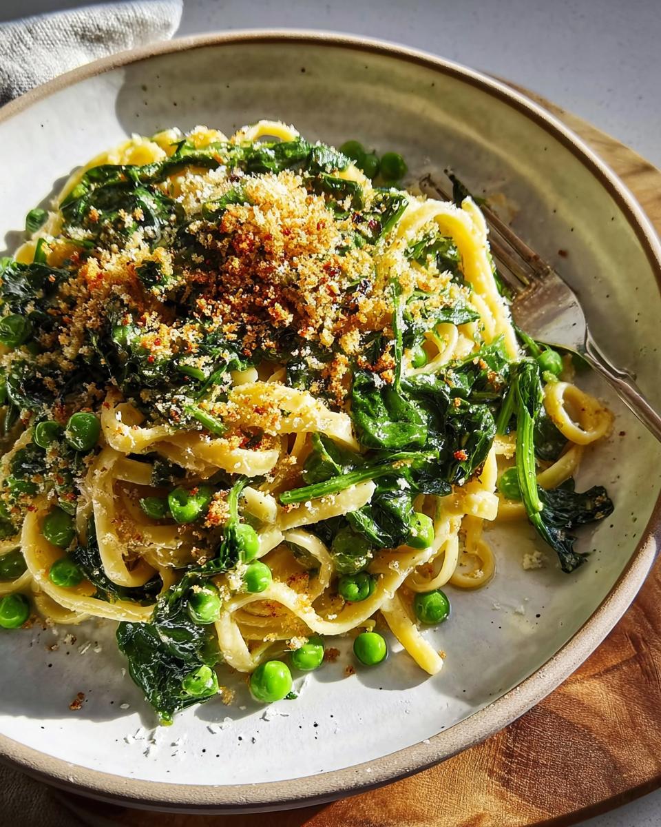 A close-up of fettuccine pasta tossed with fresh spinach, bright green peas, and a sprinkle of toasted breadcrumbs, part of healthy meals recipes in 20 minutes.