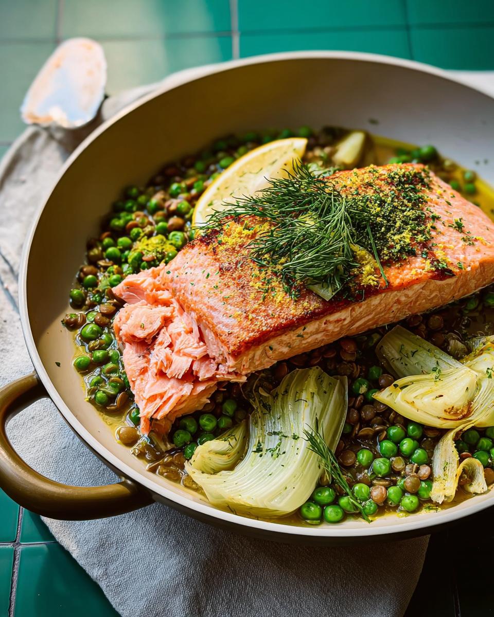 A healthy salmon fillet served over lentils and peas with fennel and a lemon wedge, part of The Ultimate Healthy Meals Recipes Guide for Beginners.