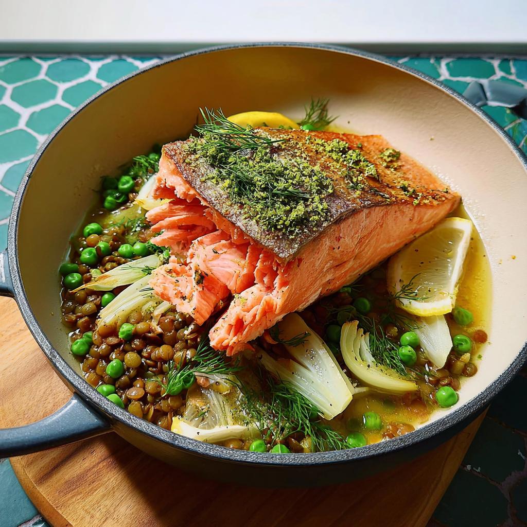 A beautiful dish featuring a fillet of salmon served with lentils, peas, fennel, and lemon wedges, part of The Ultimate Healthy Meals Recipes Guide for Beginners.