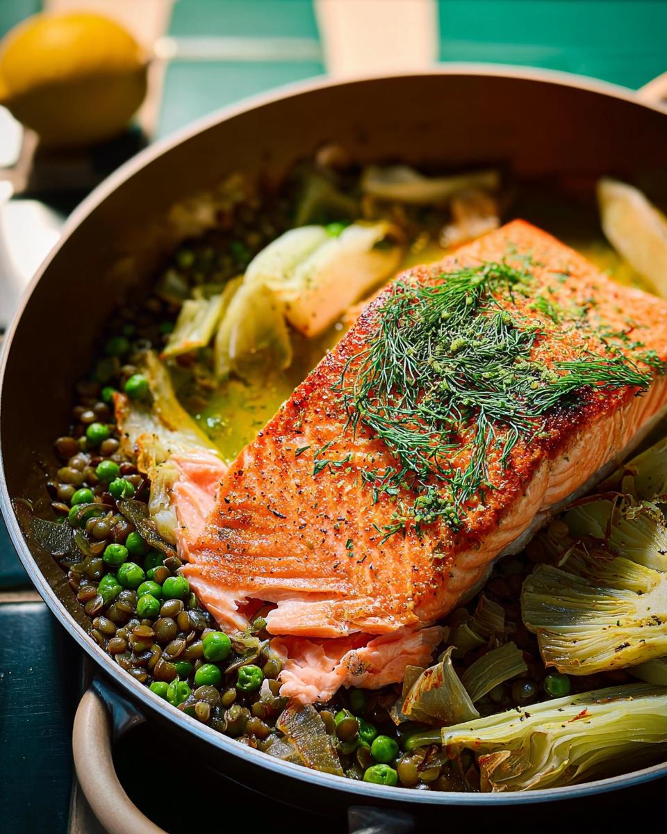 A beautifully cooked salmon fillet with fresh dill, served over a bed of lentils, peas, and fennel. Part of The Ultimate Healthy Meals Recipes Guide for Beginners.