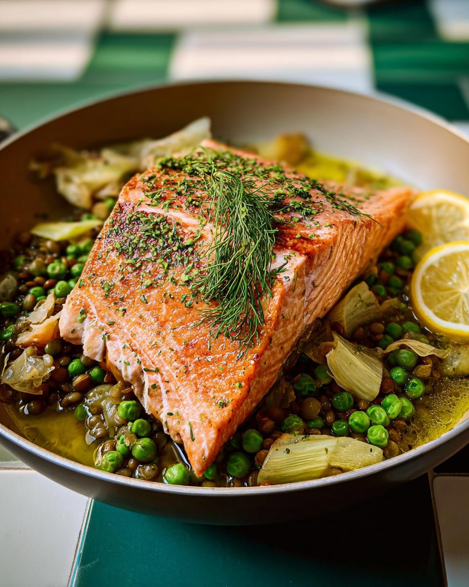 A beautiful fillet of salmon served over a bed of lentils, peas, and fennel, garnished with dill and lemon slices. Part of The Ultimate Healthy Meals Recipes Guide for Beginners.