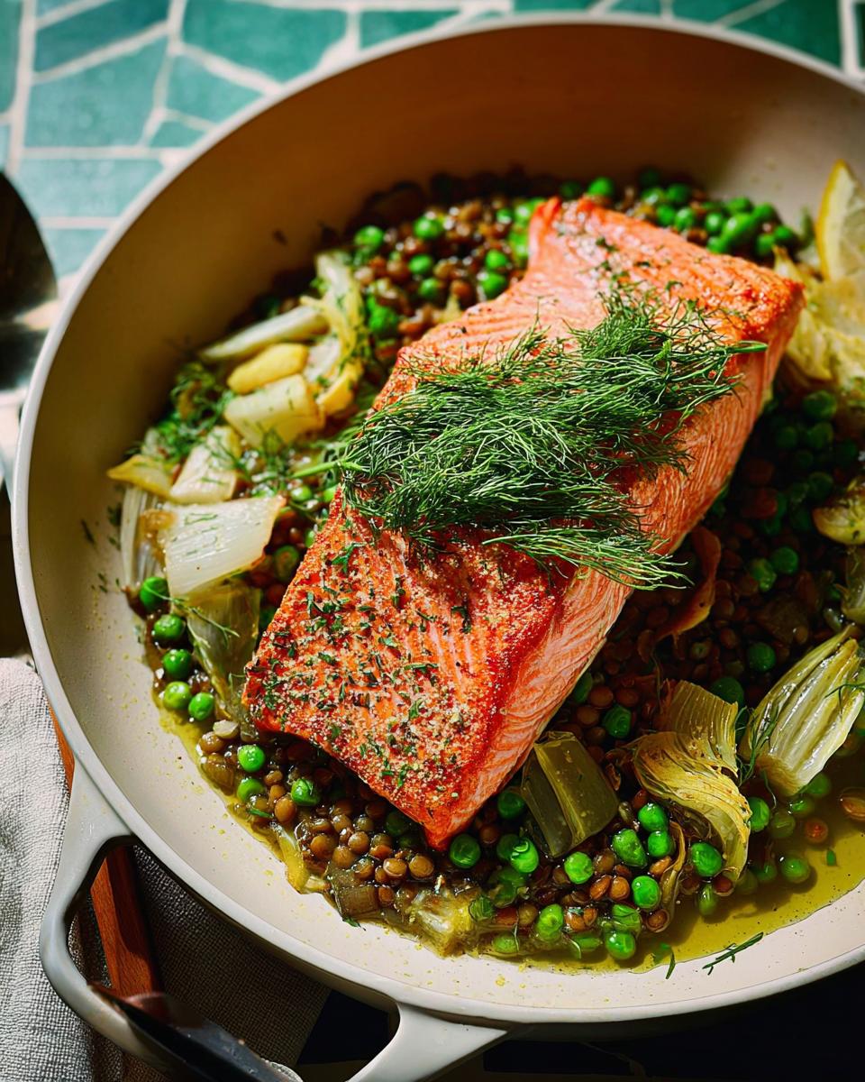 A healthy salmon fillet served over a bed of lentils, peas, and fennel, garnished with dill.