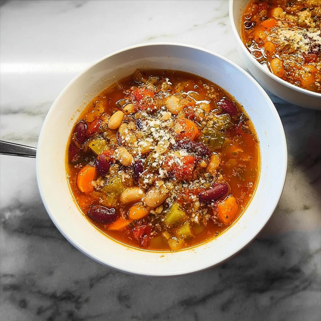 A close-up of a bowl of hearty soup recipes, featuring a mix of beans, carrots, celery, and tomatoes, topped with grated cheese.