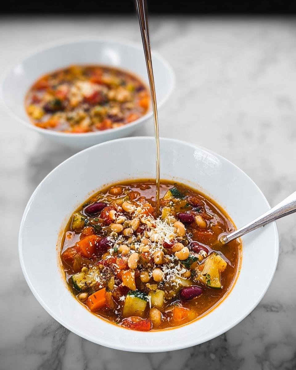 A bowl of hearty vegetable soup recipe with beans, zucchini, carrots, and topped with grated cheese and a drizzle of oil.