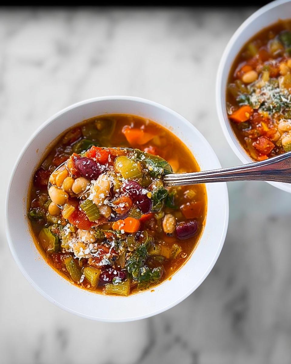 A spoonful of hearty vegetable soup recipe, filled with beans, kale, carrots, and topped with grated cheese.