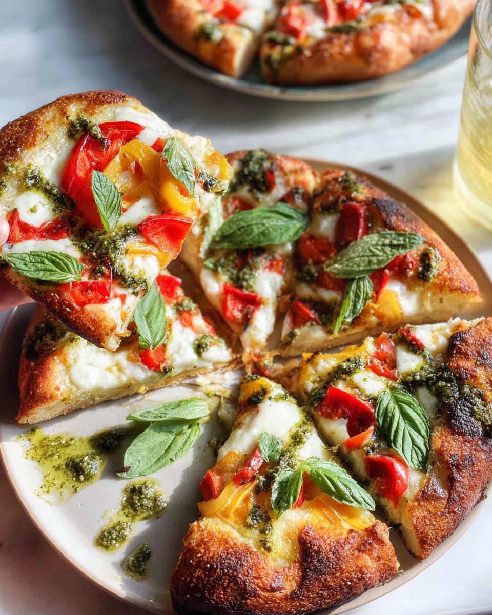 A slice of homemade pizza with fresh basil, tomatoes, and pesto, perfect for pizza night recipes.