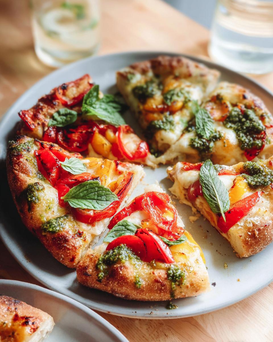 Close-up of slices of homemade pizza with fresh tomatoes, basil, and pesto, perfect for pizza night recipes.